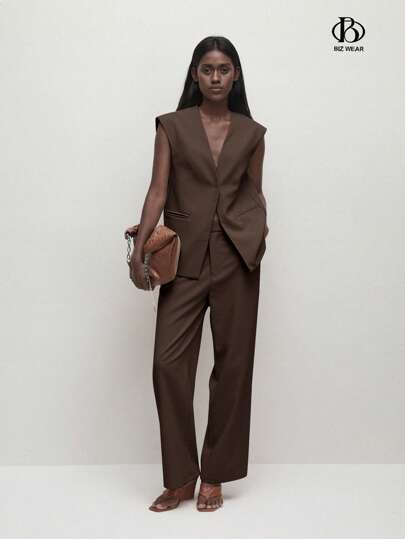 BizChic Conjunto de chaleco y pantalón de mujer con diseño de doble bolsillo y botones delanteros en color marrón café, moderno y elegante, versátil para uso urbano y diario, con estilo retro de los 90, adecuado para ocasiones como Navidad, Año Nuevo, San Valentín, fiesta, graduación, moda, carnaval, vacaciones, boda, cita, fiesta, concierto, brunch, aeropuerto y talla grande.