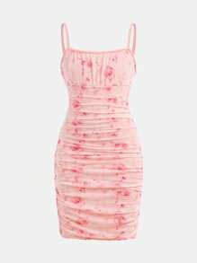 SHEIN Girlism 青少年女孩优雅花卉印花紧身吊带针织迷你连衣裙，休闲度假风格 - 粉色 - 查看 5