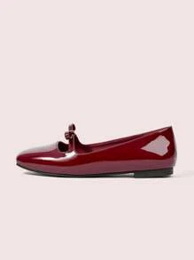 CUCCOO DOLLMOD Wine Red Round Toe Strap Bow Ballerina Flats, Fashion Comfortable Women Shoes For Commute, Party, Outing, Vacation For Christmas Spring Shoes - Burgundy - View 6