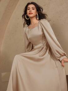 DAZY Summer New Elegant Solid Color Maxi Sundress For Women,Fall Clothes Long Sleeve Dress - Apricot - View 1