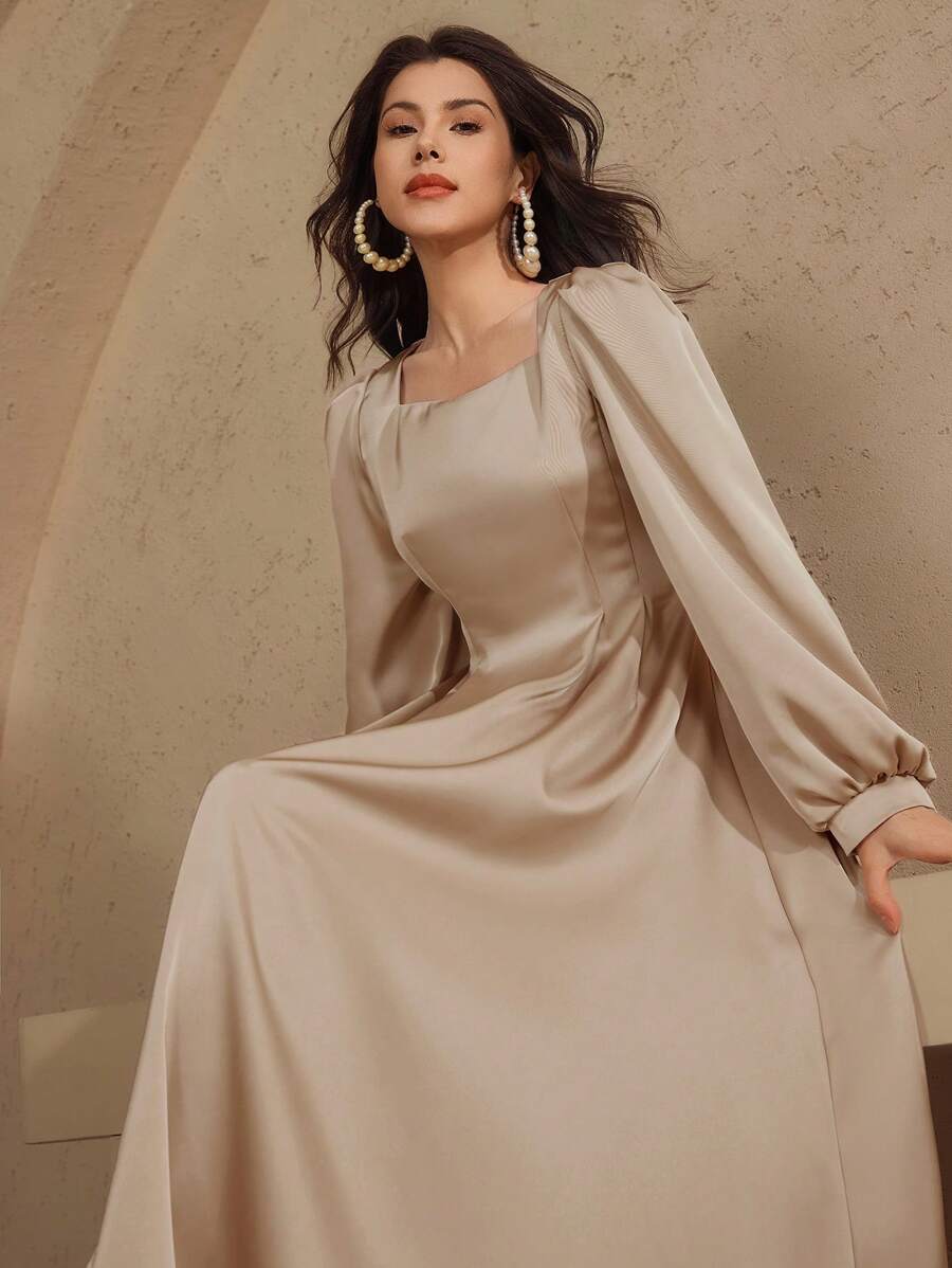 DAZY Summer New Elegant Solid Color Maxi Sundress For Women,Fall Clothes Long Sleeve Dress - Apricot - View 1