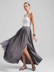Ontre Women's Grey Side Slit Pleated Elegant Skirt, Office Teacher, Vacation Skirt - Light Grey - View 1
