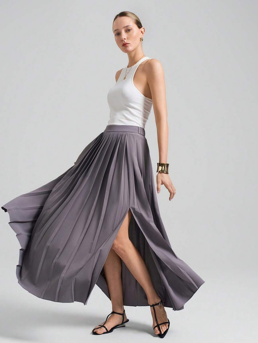 Ontre Women's Grey Side Slit Pleated Elegant Skirt, Office Teacher, Vacation Skirt - Light Grey - View 1