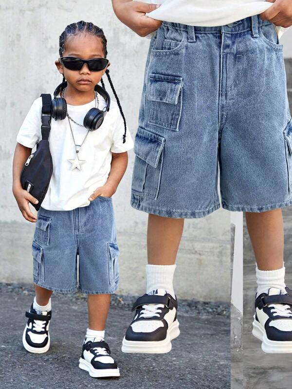SHEIN Young Boy Street Cool Distressed Stone-Washed Loose Fit Denim Cargo Shorts With Multiple Pockets, For Kids Streetwear