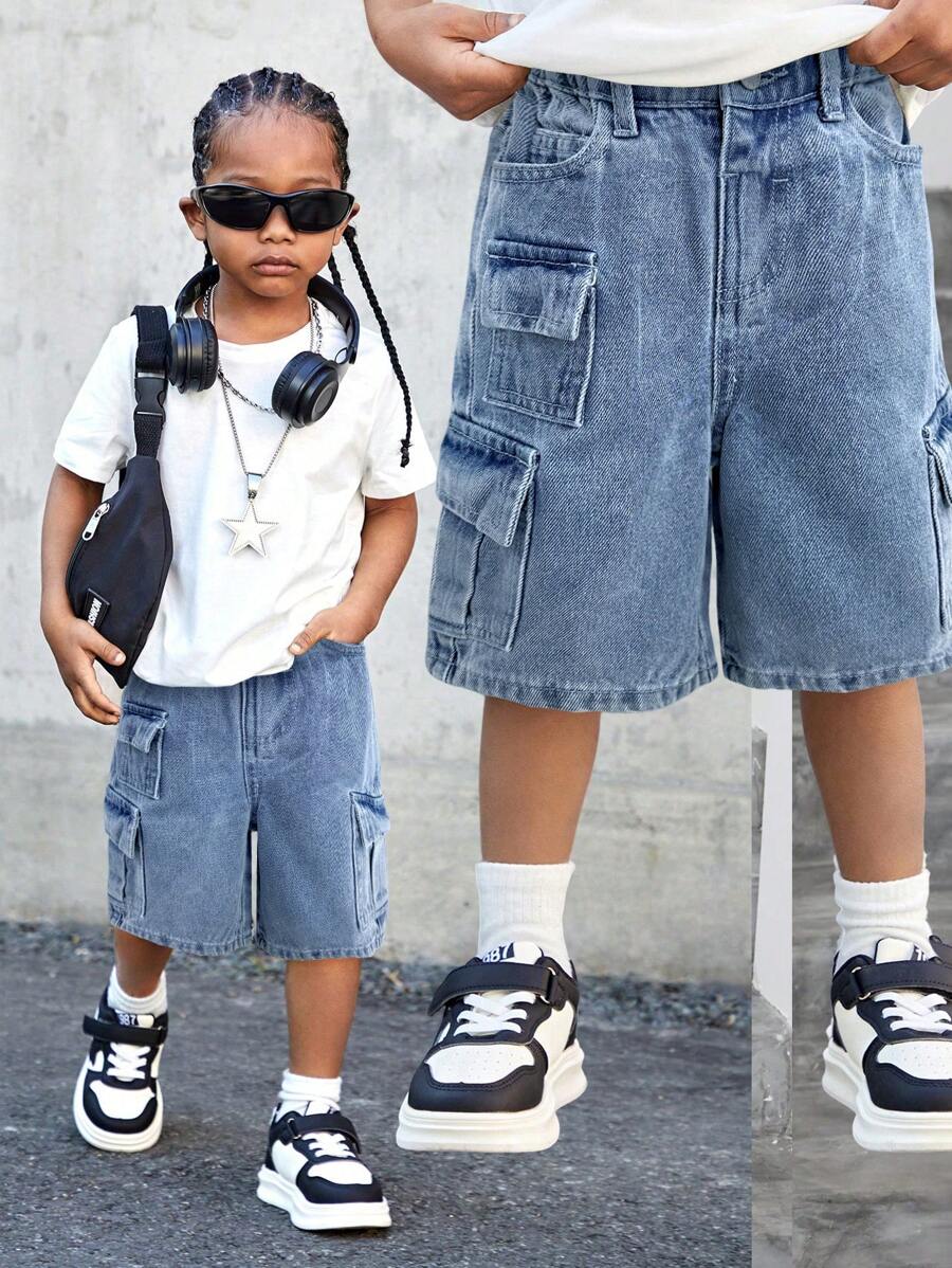 SHEIN Celana Pendek Kargo Denim Longgar Gaya Anak Laki-Laki dengan Banyak Kantong, Streetwear untuk Anak-Anak - Light Wash - View 1