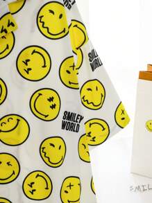 SmileyWorld® | SHEIN Plus Size Smiling Face Pattern Front Button Short Sleeve Top And Shorts Pajama Set Women Pajama Pants Night Pajama Shirt Pajama Shirts Summer / Summer Outfits For Women/ Summer Clothes Butter Yellow Comfortable Pajama Set - White - View 5