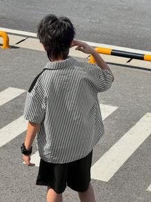 SHEIN 2pcs/Set Young Boys Comfortable Daily Casual Loose Fit Korean Fashion Stylish Striped Shirt And Contrasting Color Shorts Set, Suitable For Spring/Summer, Everyday Wear, Sports, Outdoor, School, Party, Festivals, Photo Shooting - Black - View 2