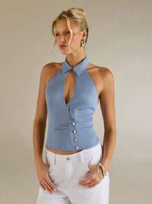 Avantive Summer Women Halter Neck Cutout Front Crop Blue Top - Blue - View 3
