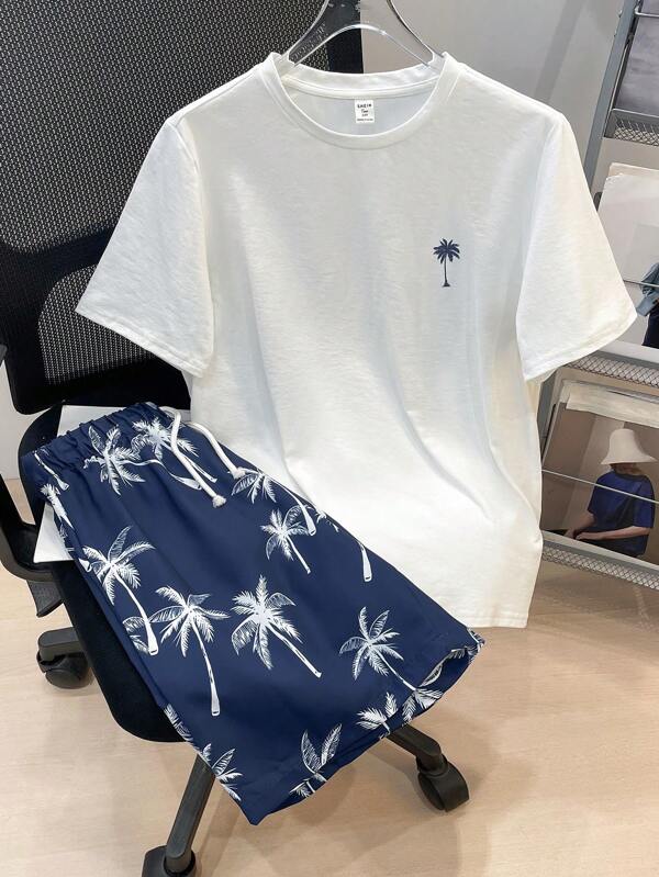 SHEIN 2pcs/Set Teen Boys Casual Short Sleeve T-Shirt And Shorts Set, Street Punk Rock Style, Suitable For Outdoor, Party, Music Festival, Spring/Summer, Coconut Tree Print Beach Shorts, Tropical
