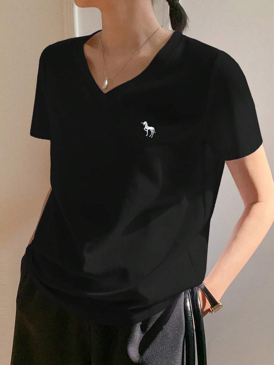 DAZY T-shirt casual à manches courtes avec encolure en V brodé pour femmes