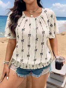 SHEIN LUNE Plus-Size Women'S Summer Mothers Day Bow Printed Crew Neck Short-Sleeved Blouse - Apricot - View 7