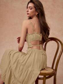 Écloséra Angora Wrap Elegant Sexy Backless Ruffle Splicing Big Swing Dress For Women, Spring And Summer - Khaki - View 1