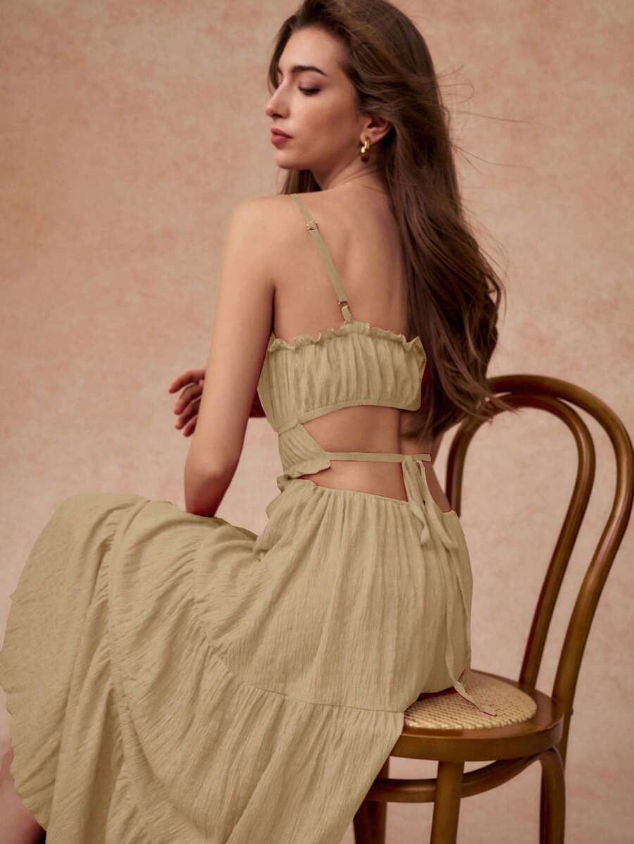 Écloséra Angora Wrap Elegant Sexy Backless Ruffle Splicing Big Swing Dress For Women, Spring And Summer - Khaki - View 1