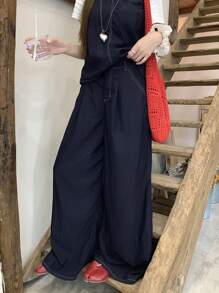 DAZY 2pcs Women's Casual Washed Loose Denim Vest & Wide Leg Pants Set - Blue - View 7