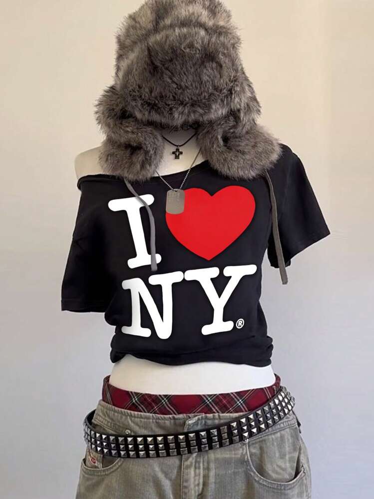 SHEIN T-shirt décontracté à épaules obliques et motif lettre à la mode pour femme