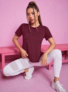 SHEIN Sports Solid Color Crossover Wrapped Design Short Sleeve Activewear T-Shirt, Summer
