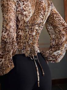ZEYLAH 女式长袖单排扣豹纹系带衬衫 - 咖啡棕 - 查看 3