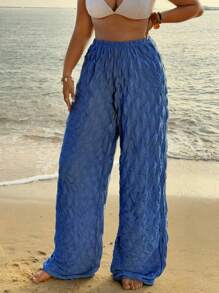 Flirla Pantalon ample à jambe droite en tissu texturé avec taille élastique, grande taille - Bleu azur - Voir 4