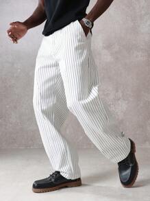 SUMWON High Rise Carpenter Skater Pants Wide Leg Striped Twill Streetwear Workwear Utility Casual Relaxed Fit Fall Winter Fashion - Black and White - View 3