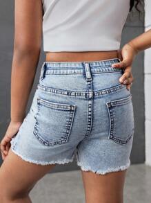 SHEIN Tween Girls Blue Denim Elastic Destroyed Skinny Shorts - Light Wash - View 3
