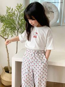HELLO KITTY | DAZY 年轻女孩合作针织圆领短袖 T 恤 + 全身印花裤春夏家居套装（小号），返校服装 - 白色 - 查看 2