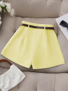 Franclia Women's Fashion Minimalist Solid Color Faux Pocket Skort With Belt, Versatile For Commuting - Yellow - View 2