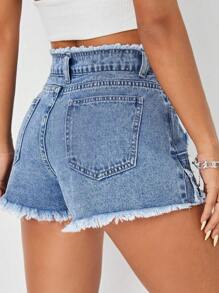 SHEIN ICON 刺绣流苏口袋休闲百搭水洗牛仔短裤 - 中等水洗藍 - 查看 2