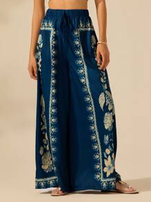 CAJUNI 女式波西米亚风热带植物印花裤，夏季休闲度假海滩阔腿阔腿裤 - Dark Blue - 查看 3