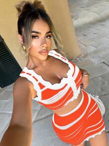 Zolique Striped Tank Top & Colorblock Bohemian Style Knitted Mini Skirt 2Pcs Set For Women - Orange - View 1