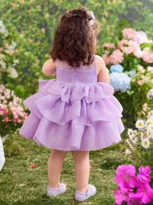 Baby Girl Woven Solid Color 3D Bow Decor Sleeveless Dress - Purple - View 2