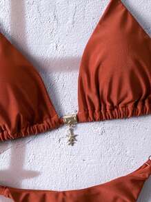 Swim Chiccia 女士夏季纯色金属吊坠首饰性感抹胸比基尼套装 - 鏽棕色 - 查看 5