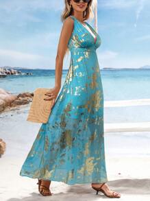 SHEIN VCAY V-Neck Dress For Women, Woven With Foil Fabric, Suitable For Vacation, Spring And Summer - Baby Blue - View 5