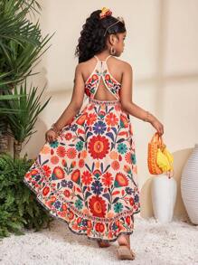 SHEIN Váy xòe xếp li không tay in họa tiết hoa nhiệt đới cho bé gái tuổi mới lớn, quần dài hở lưng, viền bất đối xứng, váy xòe chắp vá cho kỳ nghỉ ở bãi biển - Nhiều màu - Xem 3