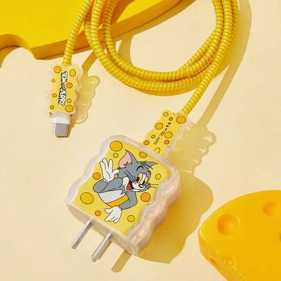 TOM & JERRY X SHEIN 猫鼠卡通图案数据线保护套，兼容充电器，可爱奶酪图案，3件套手机数据线保护套，充电器保护套（不含数据线）