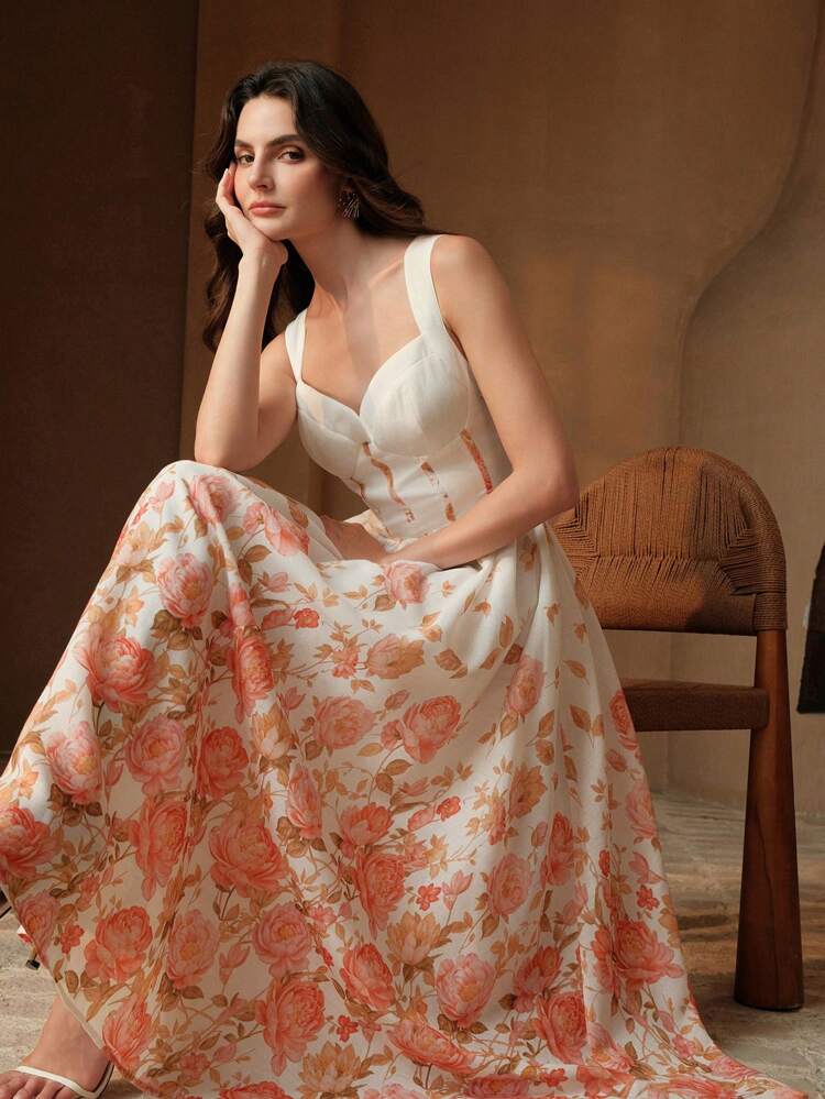 Spring/Summer New Arrival Party & Vacation Floral Print Sleeveless Spaghetti Strap A-Line Dress For Women