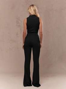 MISSGUIDED 优雅露背纹理喇叭裤连体裤套装，适合派对、晚宴、夜店、舞厅、度假等场合穿着。 - 黑色 - 查看 2