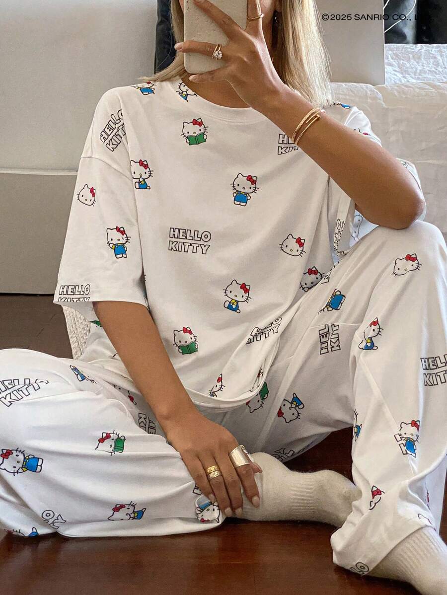 HELLO KITTY | DAZY 可爱卡通印花宽松短袖和裤子女式睡衣套装 - 白色 - 查看 1
