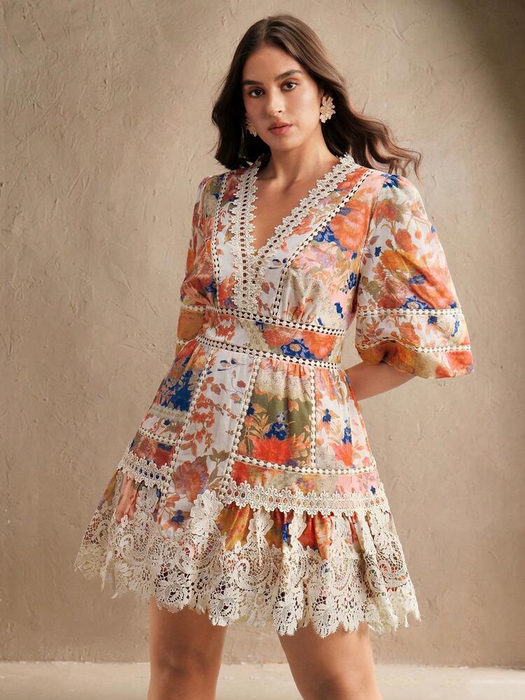 Plus Size Women Elegant V-Neck Lantern Sleeve Floral Print Patchwork Ruffled Hem Belted Midi Dress, Suitable For Spring Summer Festival Graduation