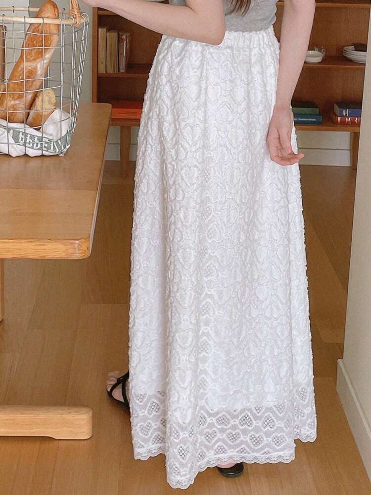 Elastic Waist Lace Long White Elegant A-Line Skirt For Women
