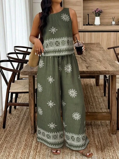 Weeklong 2 件套大码女式休闲假日风格刺绣无袖上衣和阔腿裤