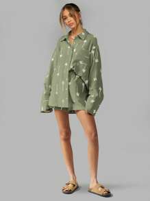 MISSGUIDED Palm Tree Print Linen Feel Style Summer Beach Resort Two Piece Set Button Down Shirt And Matching Shorts Leisure Holiday Lounge Wear Coordinated Set Christmas - Green - View 4