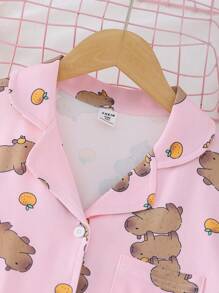 2 Peças Conjunto de Roupas Casuais de Manga Curta e Shorts com Estampa de Capivara Cartoon para Meninas Pré-Adolescentes, Moda de Volta às Aulas - Multicolorido - Visão 5