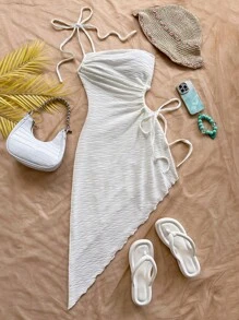Soleia Vestito midi con spalla asimmetrica, coulisse, vita traforata e orlo asimmetrico, adatto per vacanze, appuntamenti, pomeriggio del tè, festival musicali, spiaggia, outfit estivi, stile boho, vacanze, uncinetto, lino
