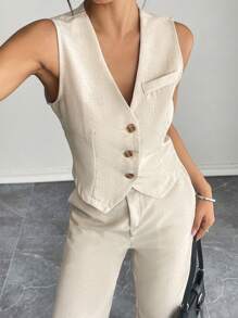 SHEIN PETITE Casual Sleeveless Open Front Vest & Long Pants Set Office Outfits For Women Business Women Attire In Fall/Winter