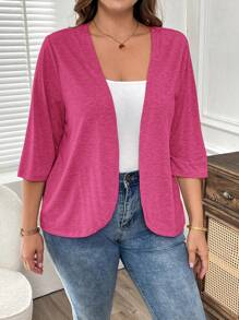 EMERY ROSE Plus Size Vacation Women Solid Color Asymmetric Hem Casual Resort Costume Jacket Summer Winter Fall Autumn - Hot Pink - View 3
