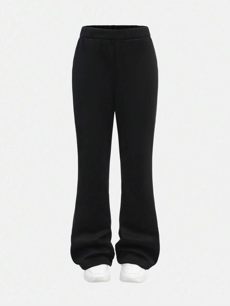 SHEIN Tween Girls' Casual Solid Color Thermal Lined Long Knit Sweatpants, Warm For Sports