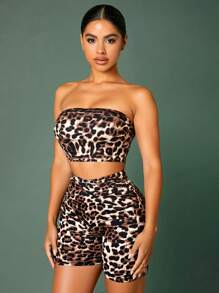 SHEIN SXY Leopard Two Pieces Outfits:Leopard Print Tube Top And Leopard Print Shorts Summer Shorts Set - Brown - View 3