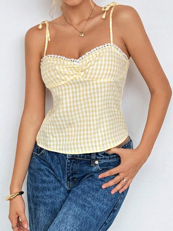 Flirla Yellow Checkered Cross Strap Backless Camisole, Sexy Women's Tank Top