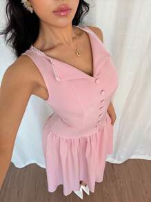 Modelyn 女士纽扣设计无袖优雅中长纯色连衣裙 - 粉色 - 查看 3