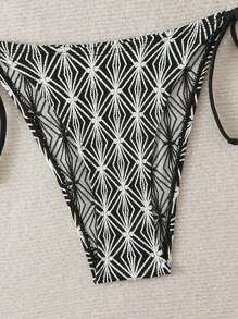 SHEIN Swim 2 piezas Conjunto de bikini de mujer sexy con escote halter de punto jacquard con lazo, para verano - Blanco y Negro - Ver 6